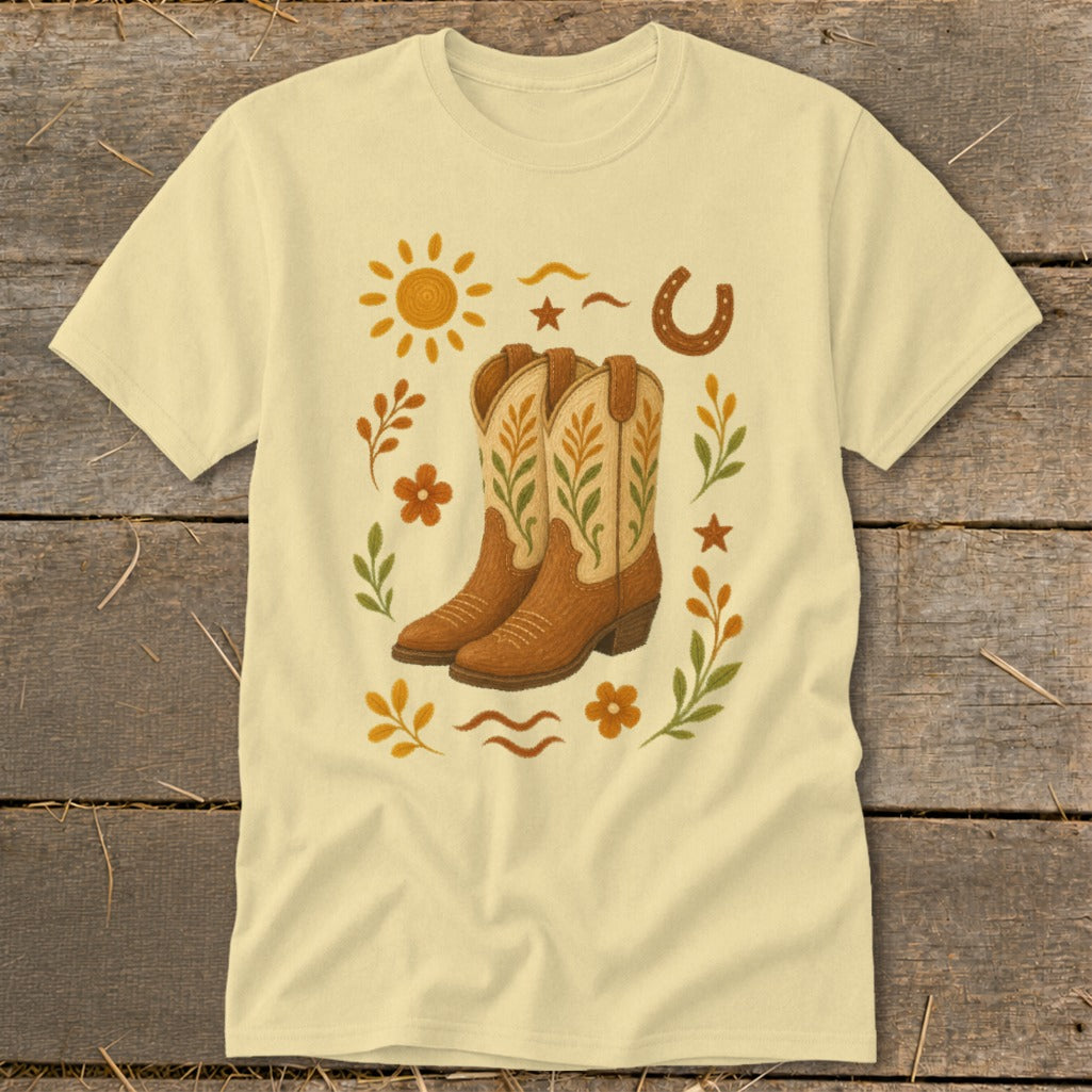 Light yellow t-shirt with cowboy boots, sun, horseshoe, and floral accents.