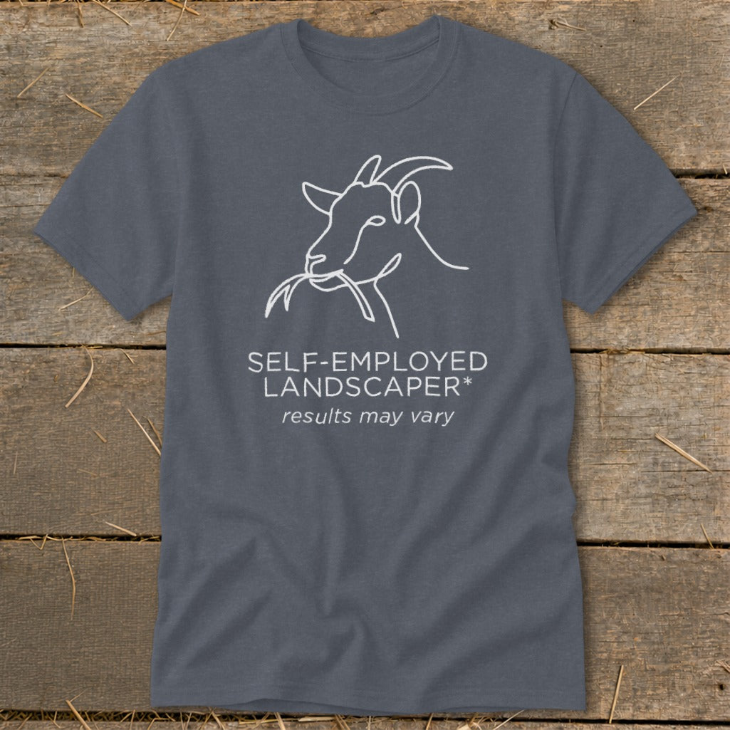 Slate t-shirt with white line drawing of a goat and text.