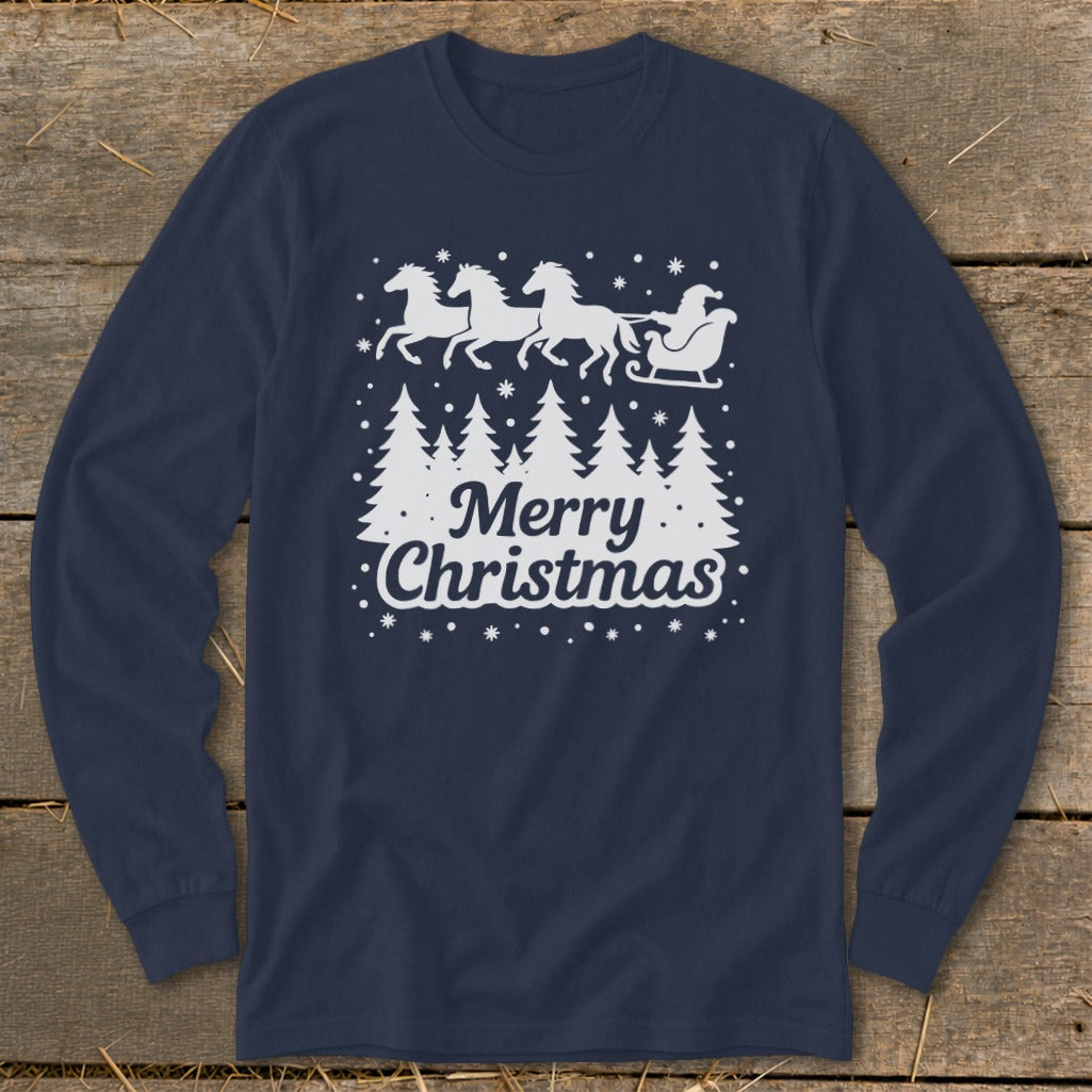 Navy long-sleeve shirt with white Merry Christmas text and Santa sleigh pulled by horses.