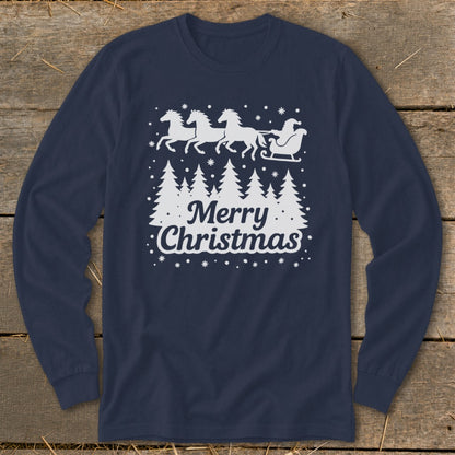 Navy long-sleeve shirt with white Merry Christmas text and Santa sleigh pulled by horses.