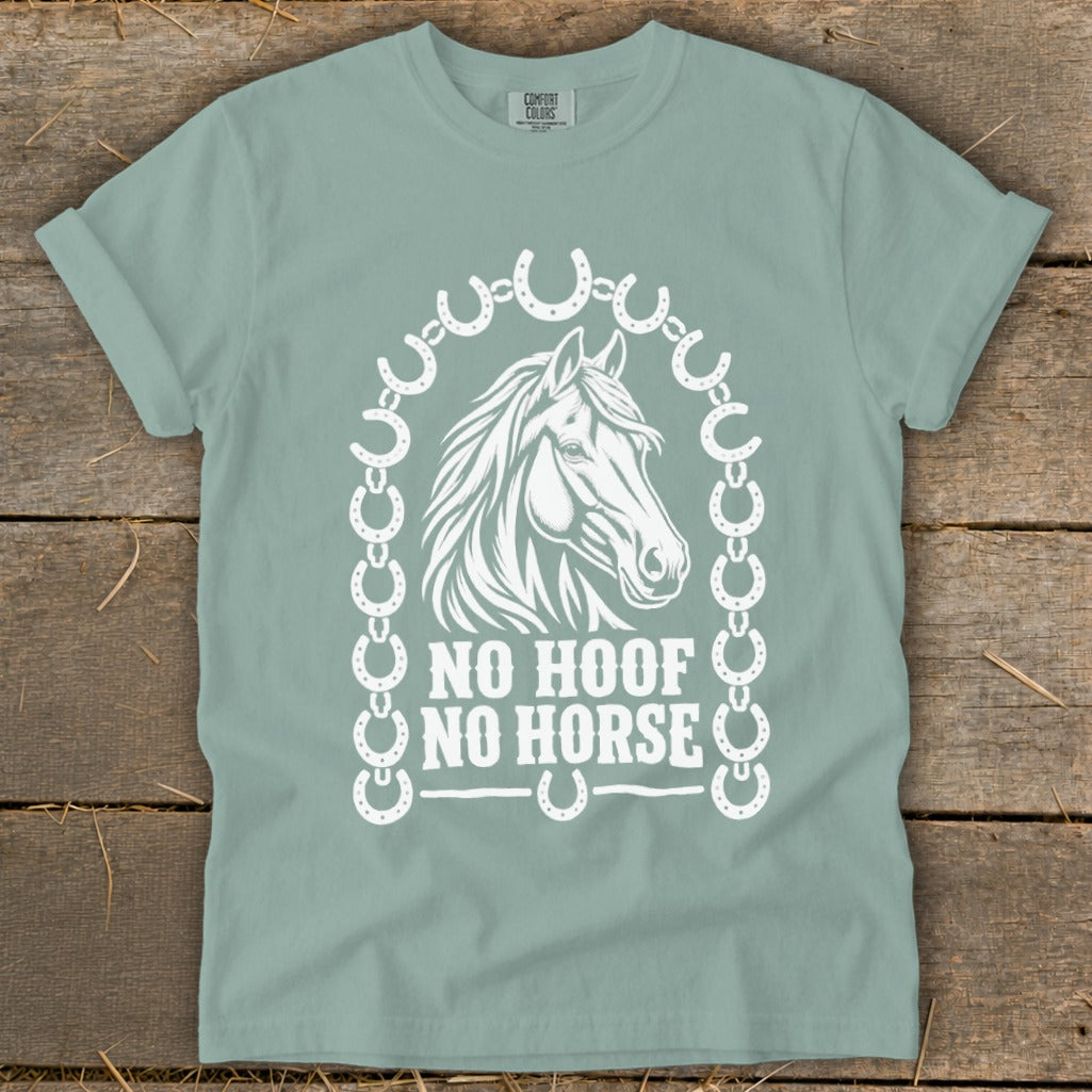 Green t-shirt with white horse head, horseshoe chain, and text "NO HOOF NO HORSE".