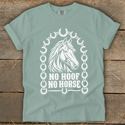 Green t-shirt with white horse head, horseshoe chain, and text "NO HOOF NO HORSE".