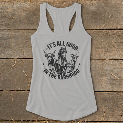 Grey tank top with black graphic of cow, horse, goat, and pig wearing sunglasses with text "IT'S ALL GOOD IN THE BARNHOOD".