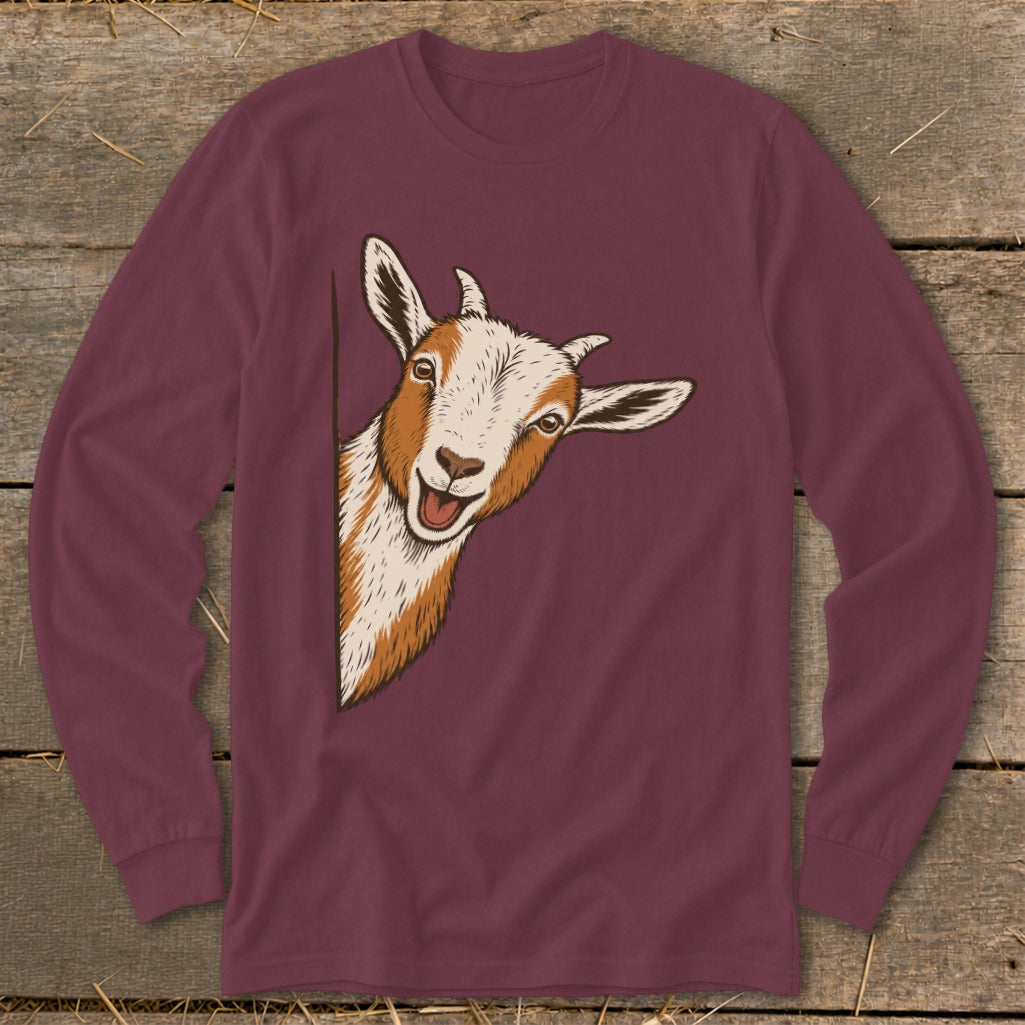 Long-sleeve maroon shirt with a peeking goat illustration on the front.