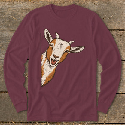 Long-sleeve maroon shirt with a peeking goat illustration on the front.