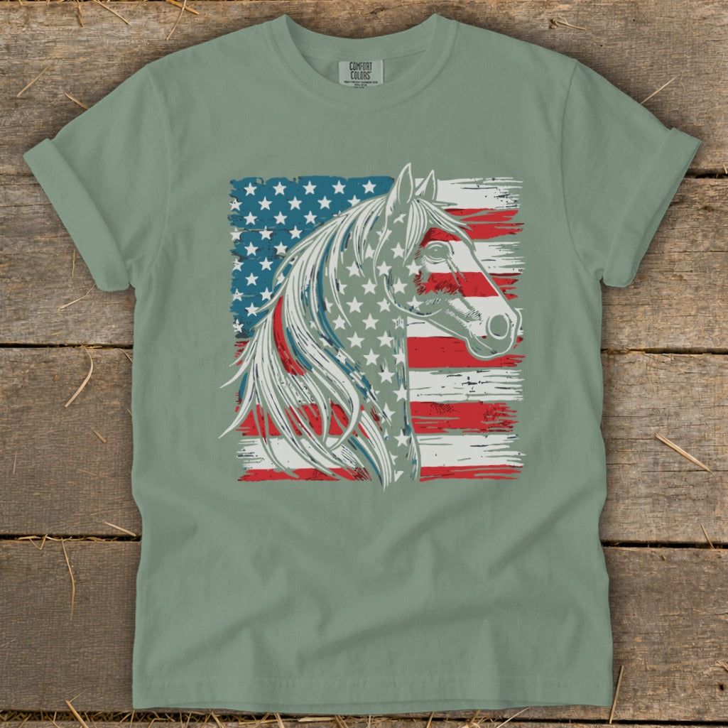 T-shirt with distressed American flag overlaid with a horse's head graphic.