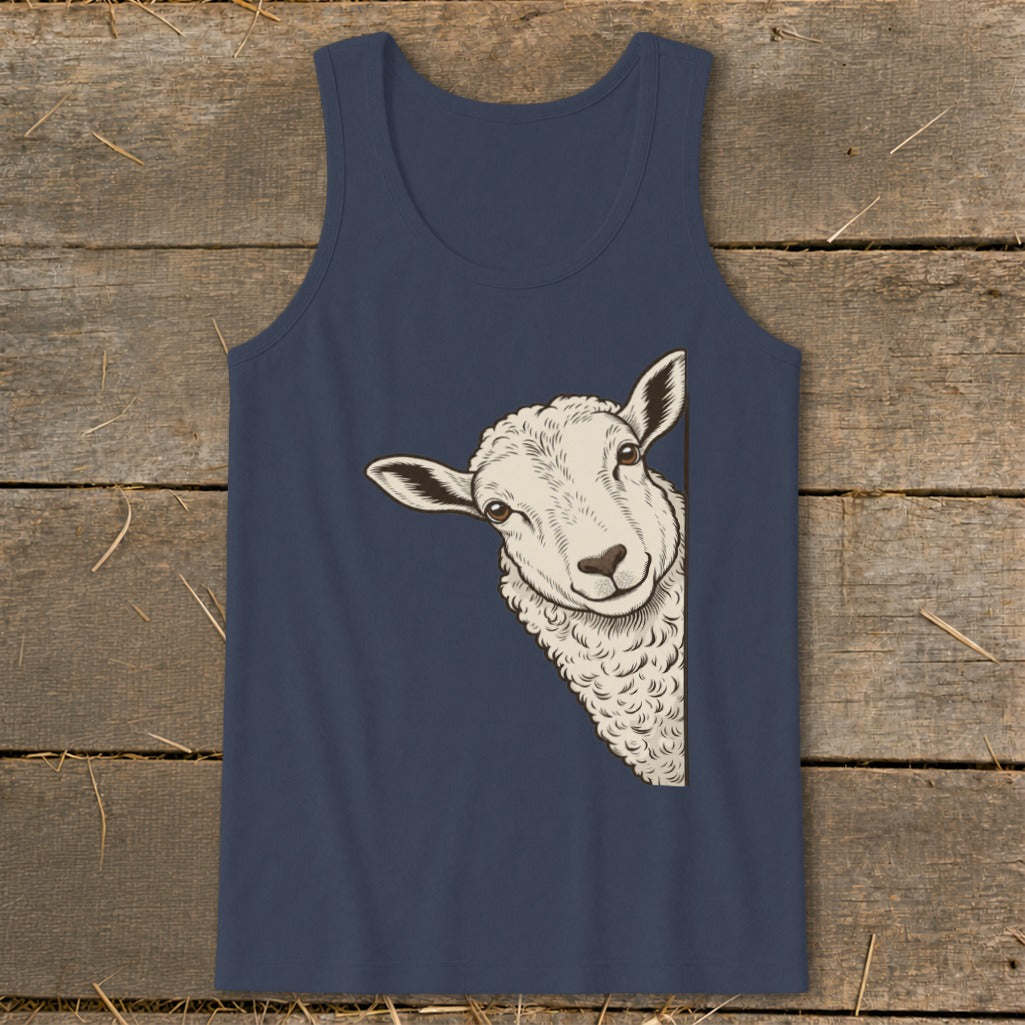Navy tank top with a drawing of a sheep peeking from the side.