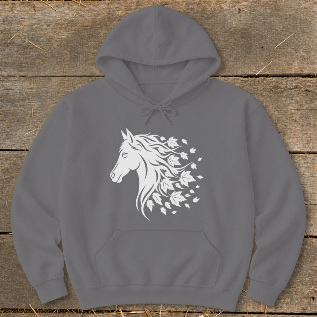 Grey hoodie with a white horse head graphic and falling leaves design.