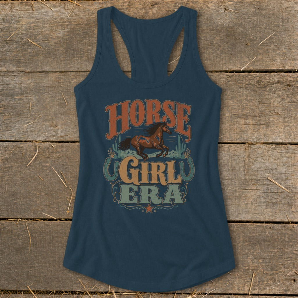 Blue racerback tank top with "Horse Girl Era" graphic and horse illustration.
