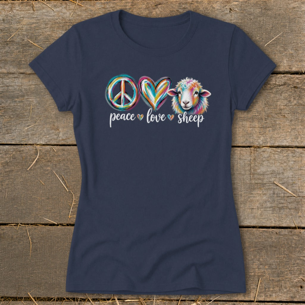 Navy t-shirt with colorful peace, love, and sheep graphic and text.