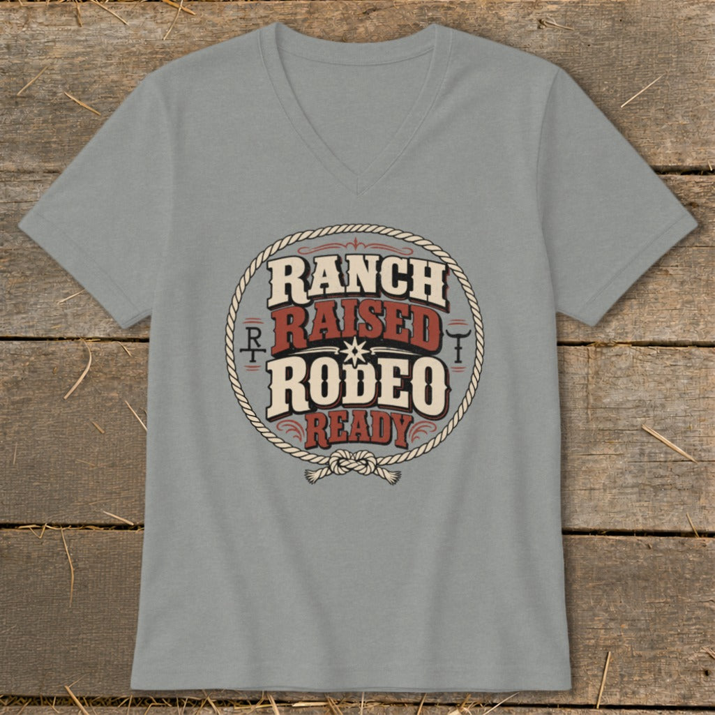 Gray v-neck t-shirt with "RANCH RAISED RODEO READY" graphic.