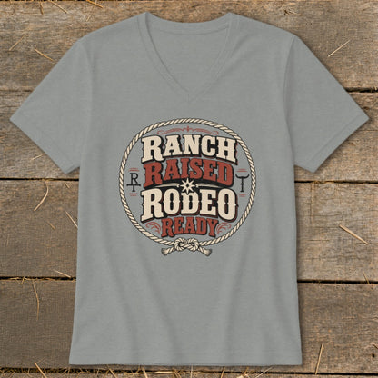Gray v-neck t-shirt with "RANCH RAISED RODEO READY" graphic.