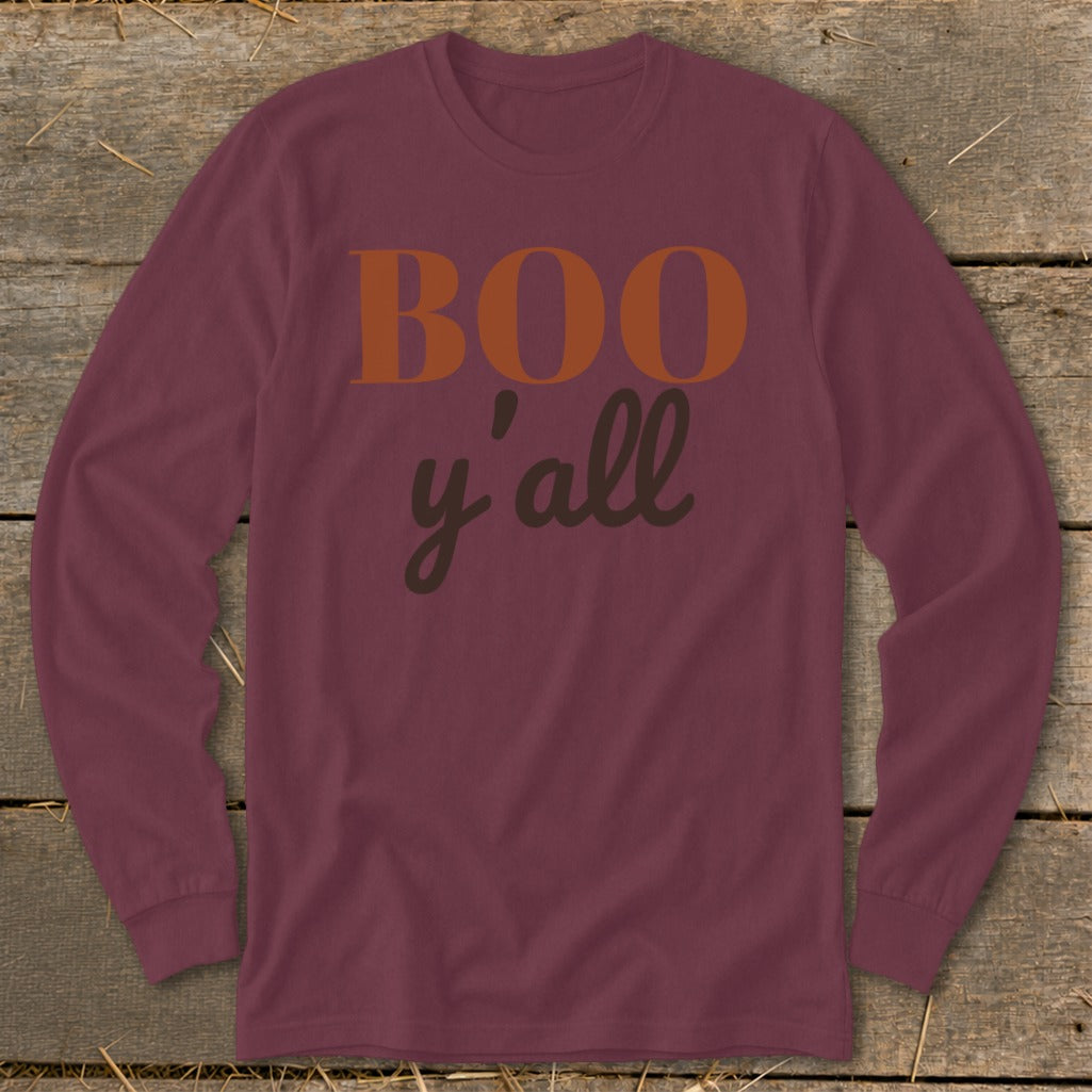 Maroon long-sleeved shirt with "BOO y'all" text in orange and brown.