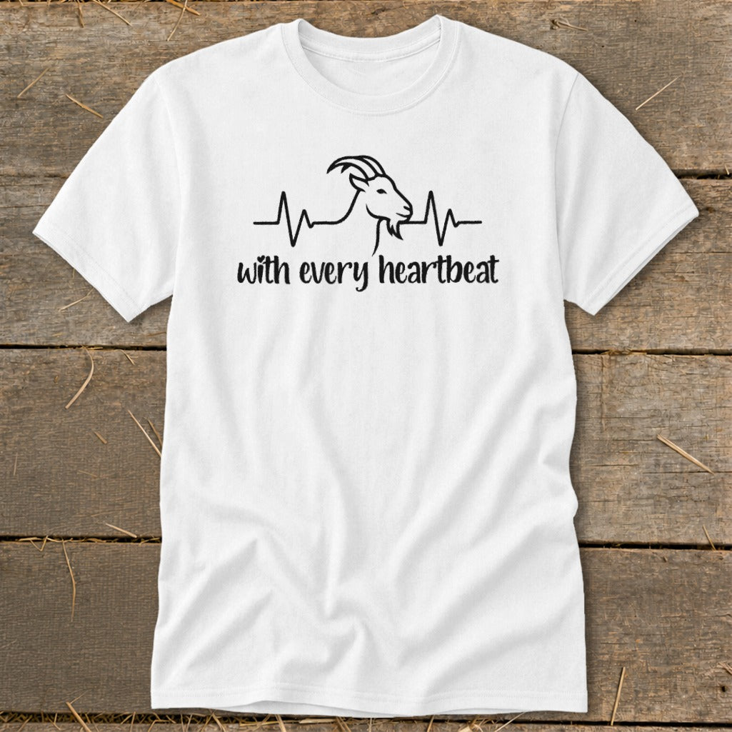 White t-shirt with black line art of a goat's head integrated into a heartbeat EKG line and text "with every heartbeat".