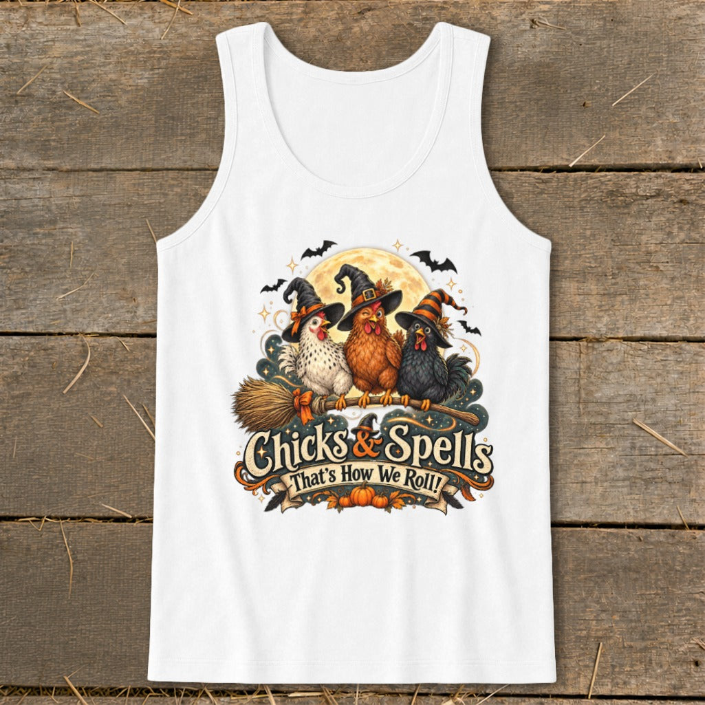 Three witch-hatted chickens fly on a broomstick with text "Chicks & Spells That's How We Roll!".