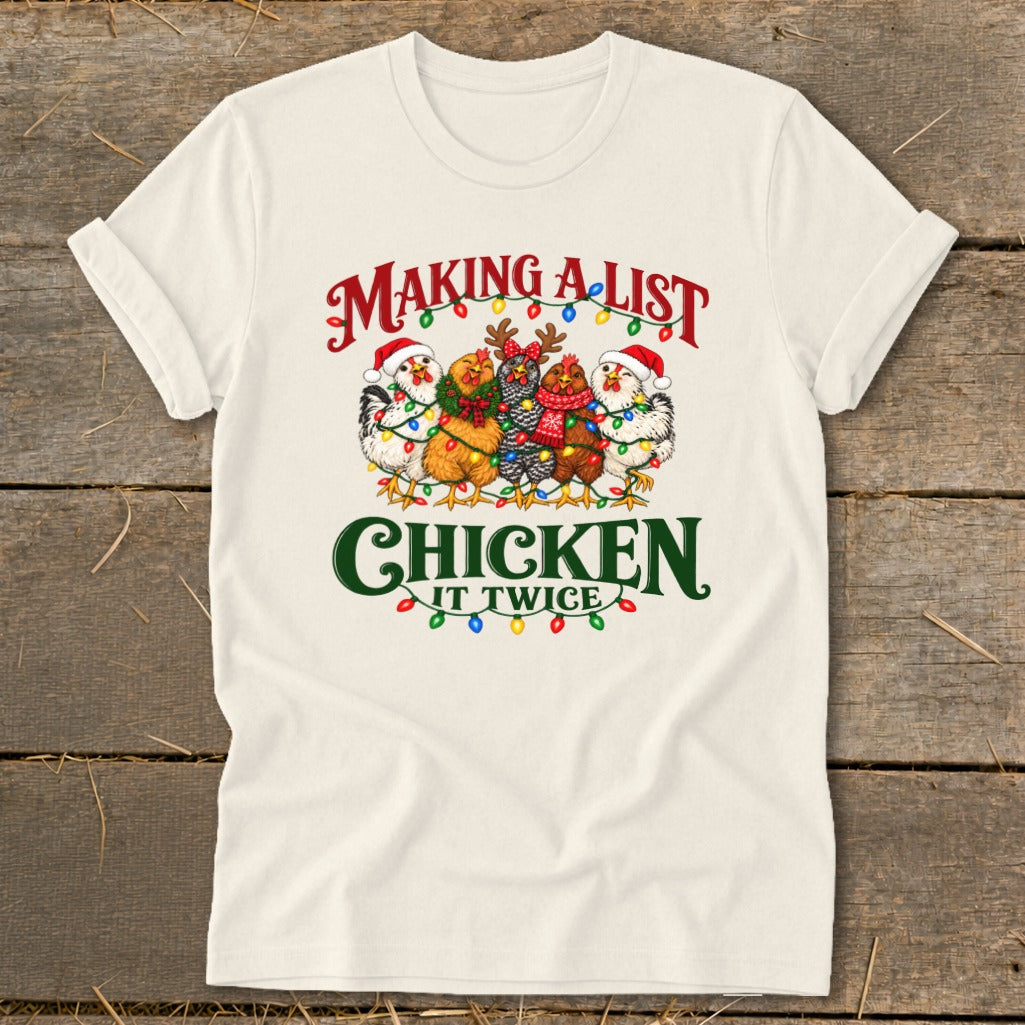 Christmas chickens in Santa hats wearing lights and scarves, "Making a List Chicken It Twice" text.
