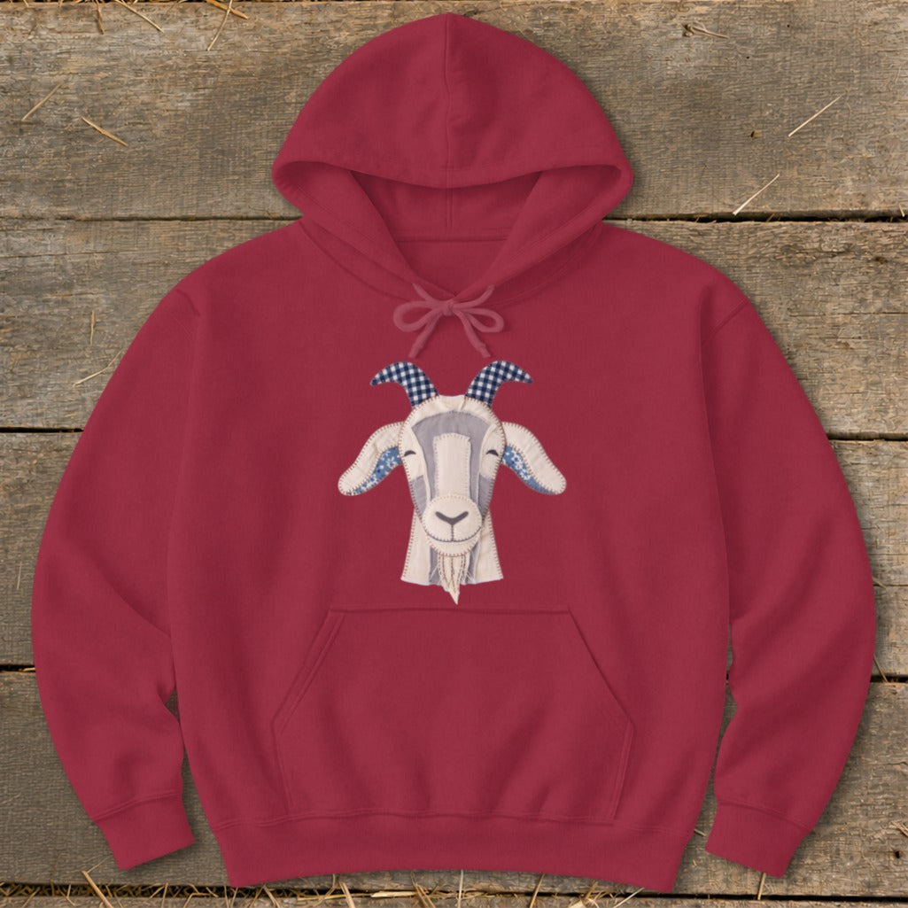 Maroon hoodie with a textured applique of a goat's head on the front.