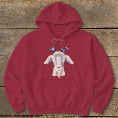 Maroon hoodie with a textured applique of a goat's head on the front.