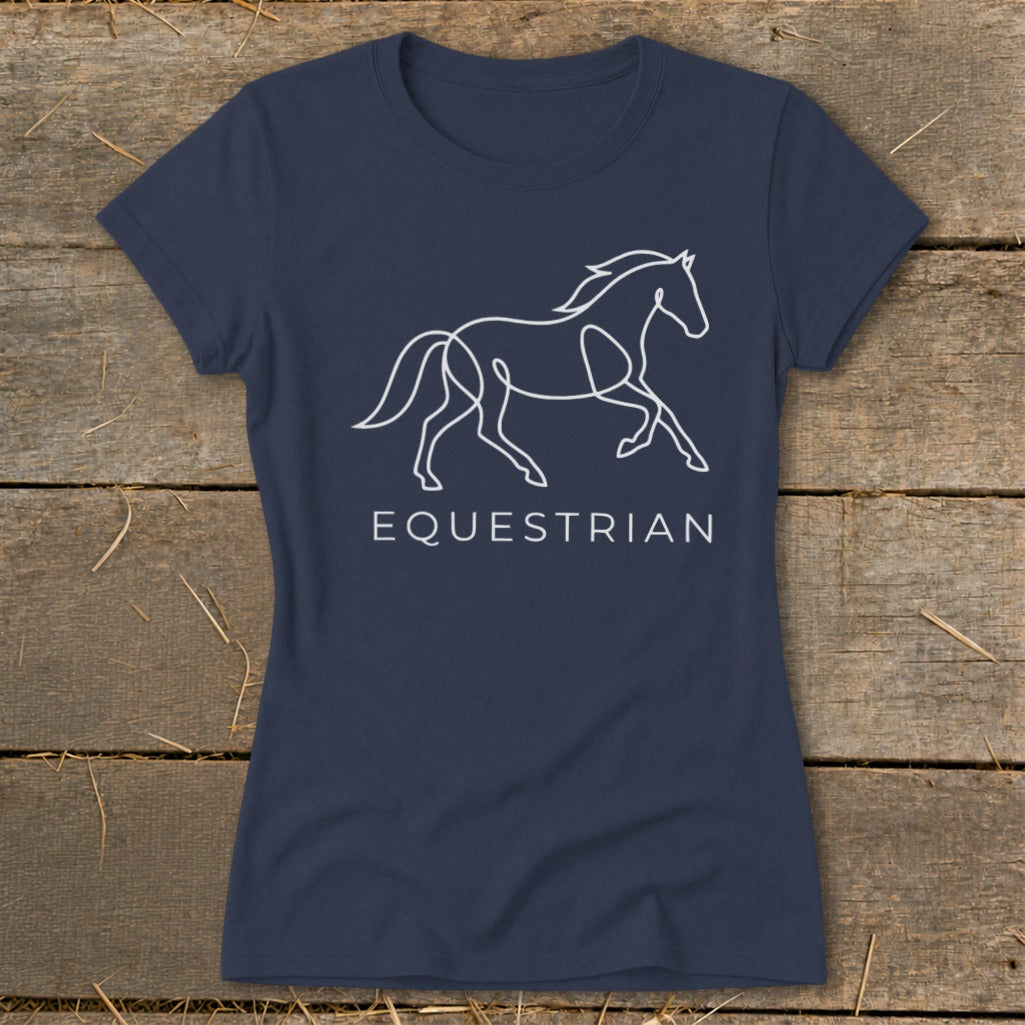 Navy t-shirt with white line art of a running horse and the word EQUESTRIAN below.