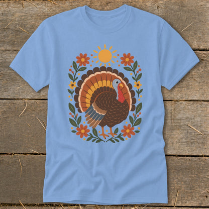 Light blue t-shirt with a stylized turkey and floral border design.