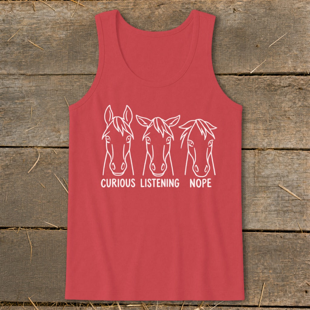Red tank top featuring a white graphic of three horses with ear positions labeled Curious, Listening, and Nope.