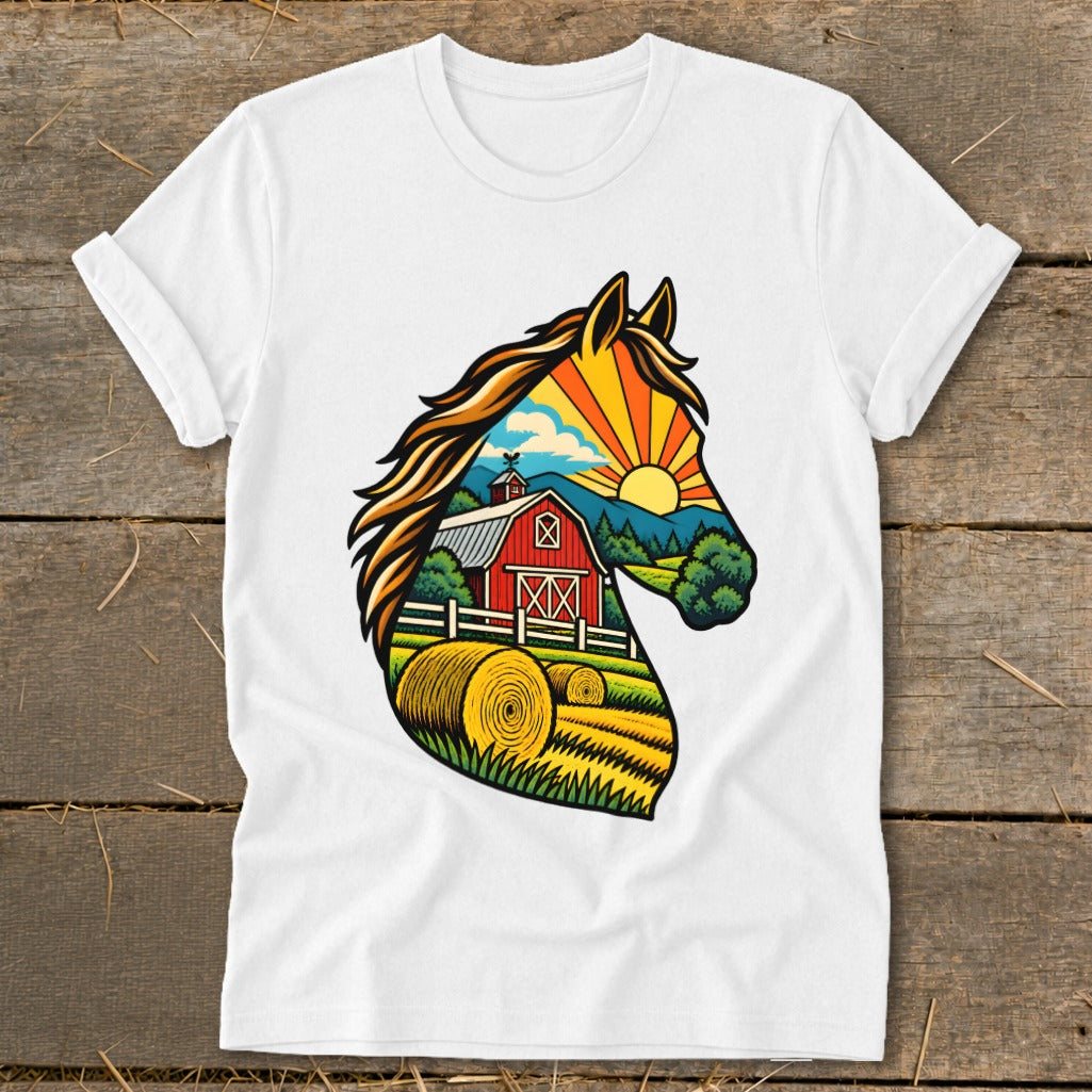 White short-sleeve t-shirt featuring a graphic of a horse head silhouette filled with a farm landscape.
