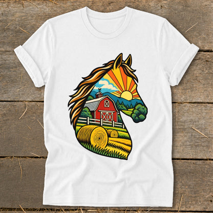 White short-sleeve t-shirt featuring a graphic of a horse head silhouette filled with a farm landscape.