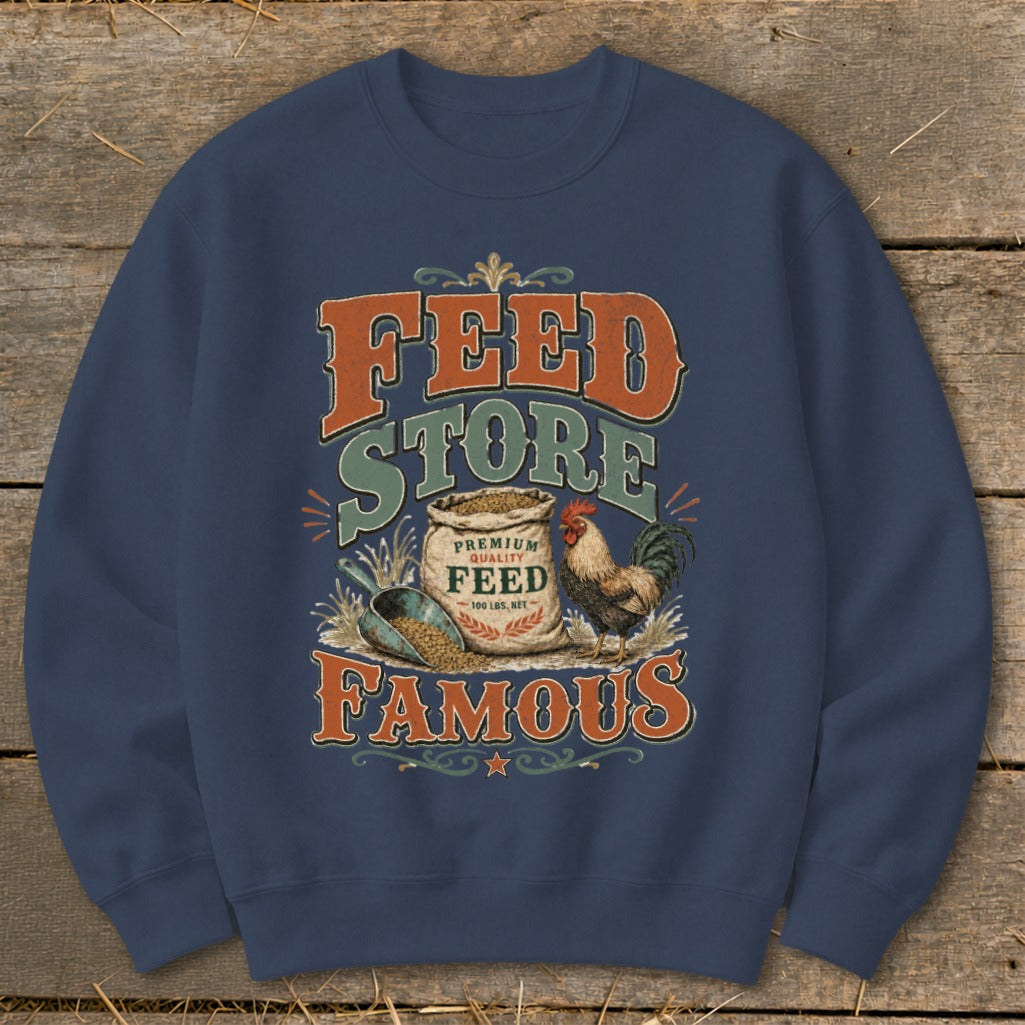 Crewneck sweatshirt with "Feed Store Famous" graphic featuring a rooster, bag of feed, and scoop.