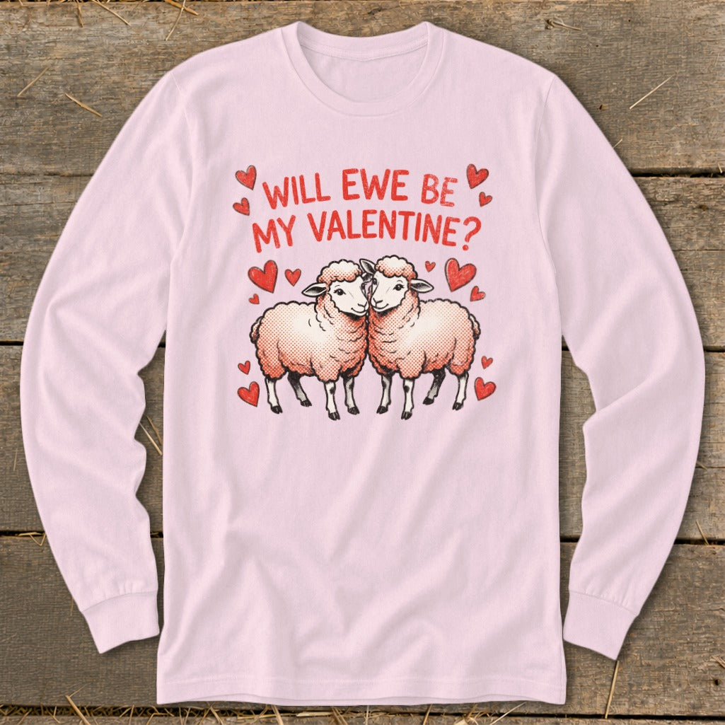 Pink long-sleeve shirt with "Will Ewe Be My Valentine?" text and two sheep.