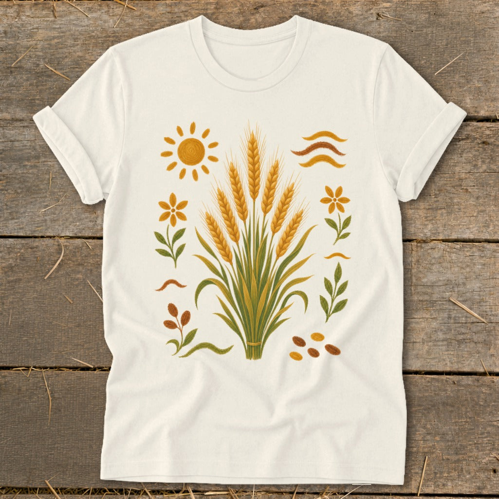 Cream t-shirt with a botanical print of wheat, sun, and flowers.