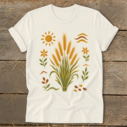 Cream t-shirt with a botanical print of wheat, sun, and flowers.