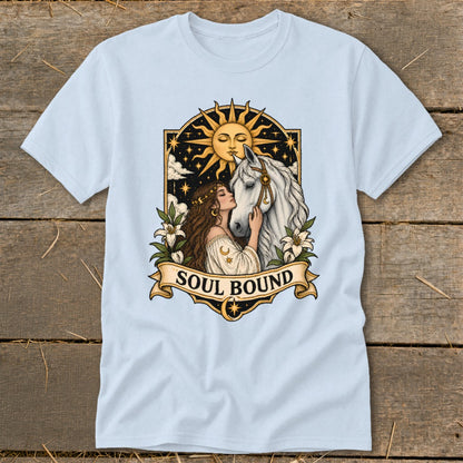 Light blue t-shirt with "Soul Bound" text featuring a woman and horse beneath a sun.