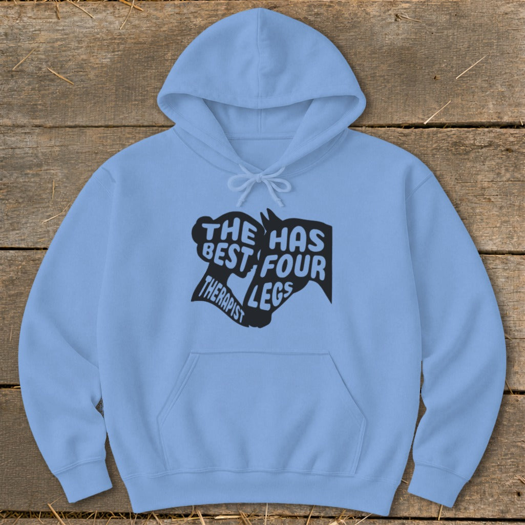 Light blue hoodie with black text that reads "THE HAS BEST FOUR THERAPIST LEGS".