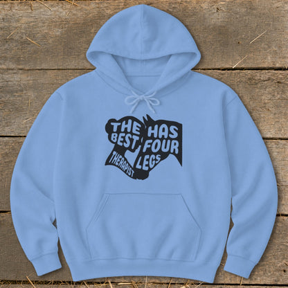 Light blue hoodie with black text that reads "THE HAS BEST FOUR THERAPIST LEGS".