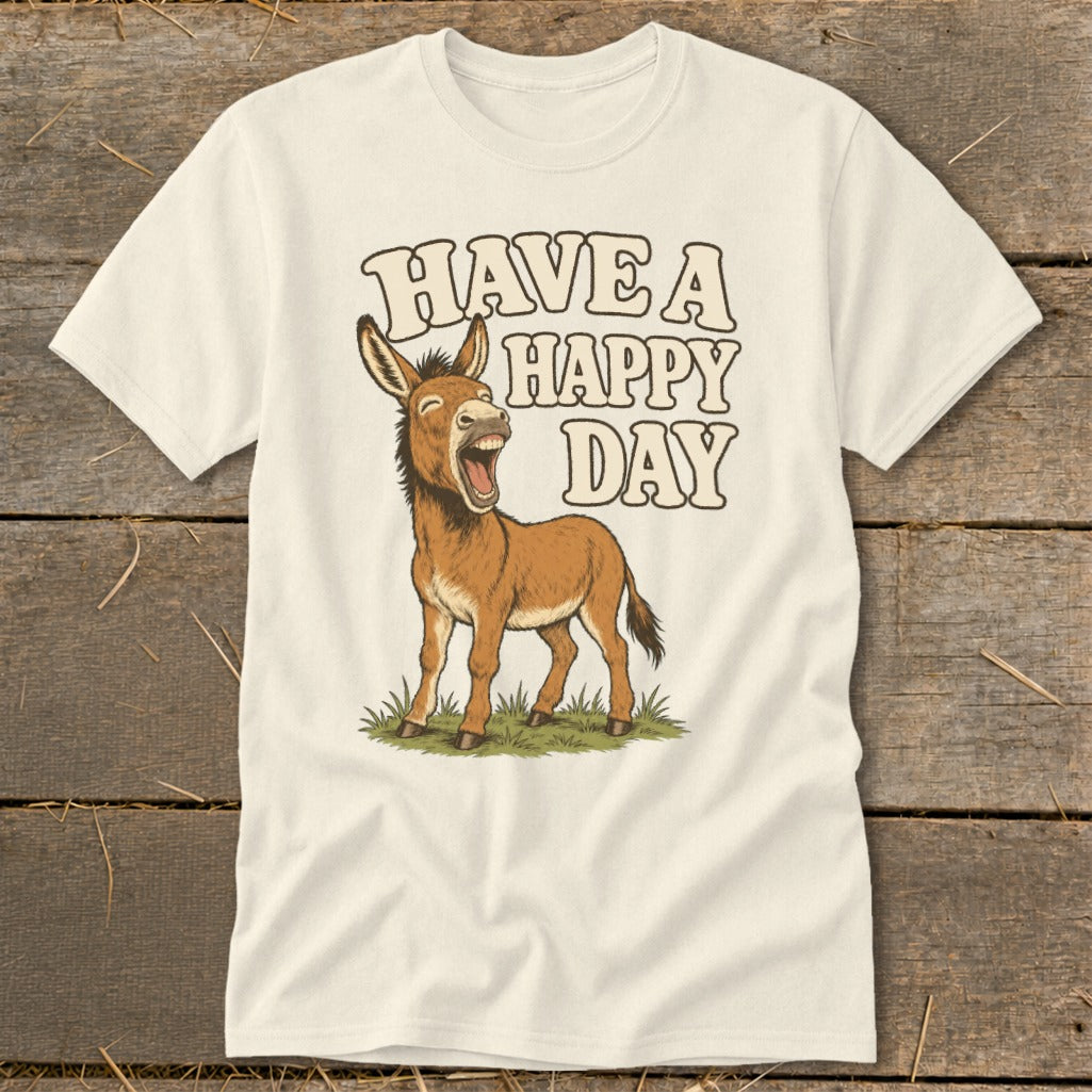 Cream t-shirt with a cartoon donkey and text "HAVE A HAPPY DAY".