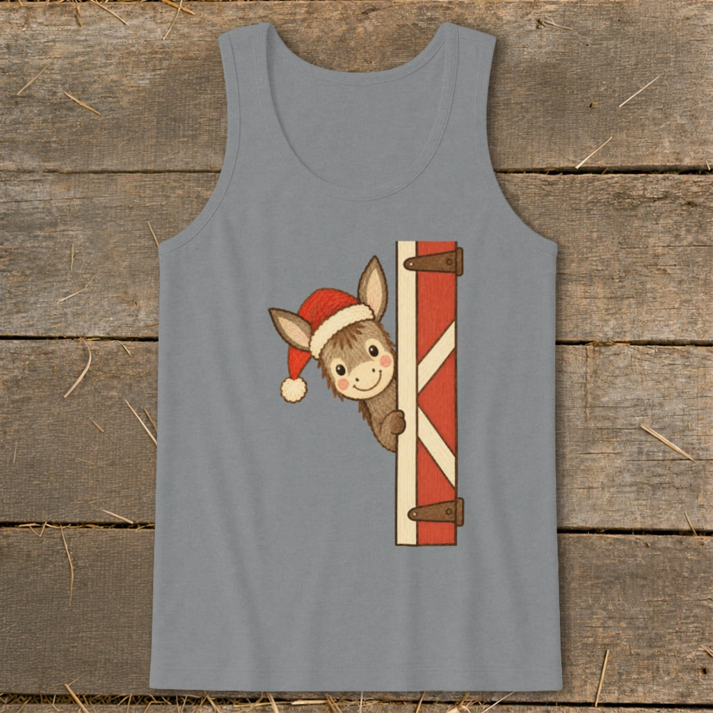Gray tank top with a cartoon donkey wearing a Santa hat peeking from behind a barn door.
