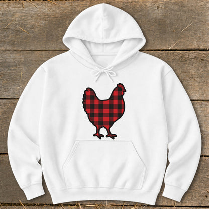 White hoodie with a black and red buffalo plaid chicken graphic.
