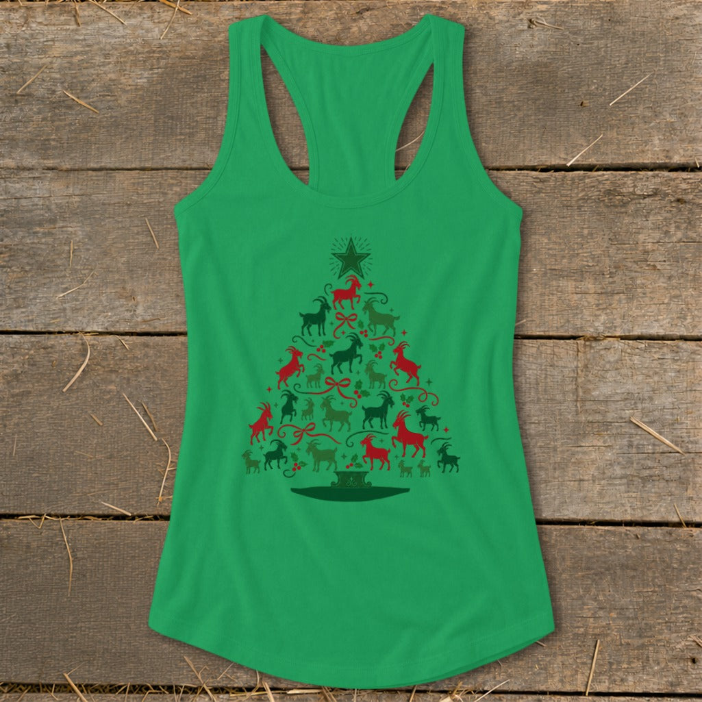 Green tank top with a Christmas tree made of red and green goats.
