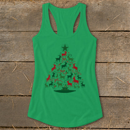 Green tank top with a Christmas tree made of red and green goats.