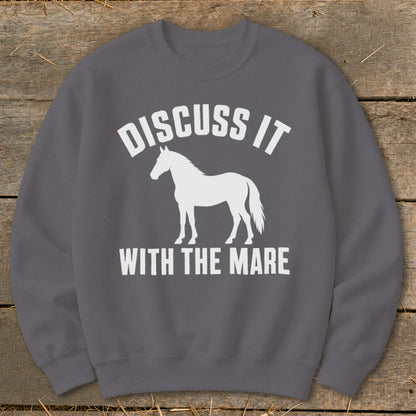 Grey sweatshirt with white text "DISCUSS IT" above a horse silhouette and "WITH THE MARE" below.