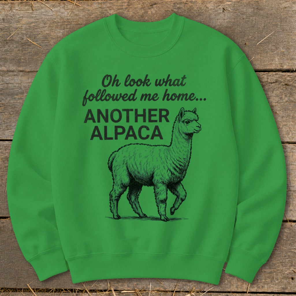 Green sweatshirt with black text "Oh look what followed me home... ANOTHER ALPACA" and alpaca illustration.