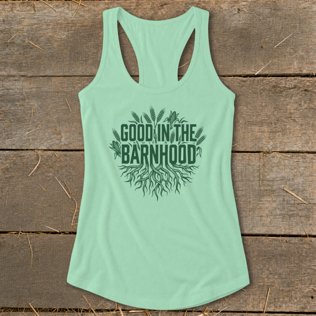 Mint green racerback tank top with "Good In The Barnhood" text and wheat graphics.