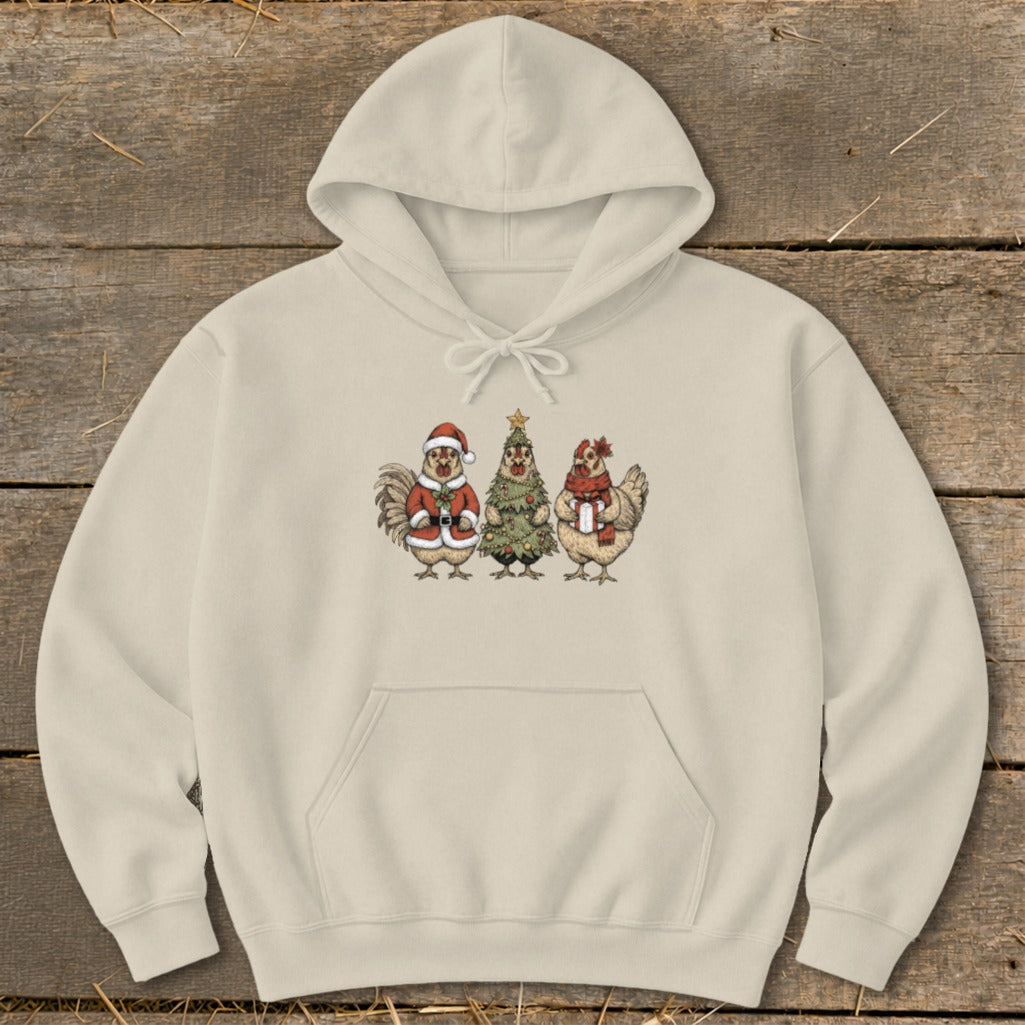 Cream hoodie with a Christmas-themed graphic of three chickens and a tree.