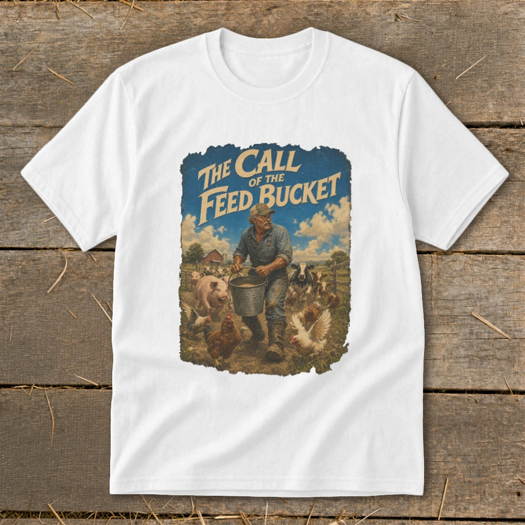 T-shirt with "The Call of the Feed Bucket" text and farmer with farm animals.