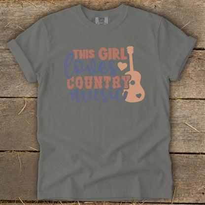 Gray t-shirt with "This Girl Loves Country Music" text and guitar graphic.