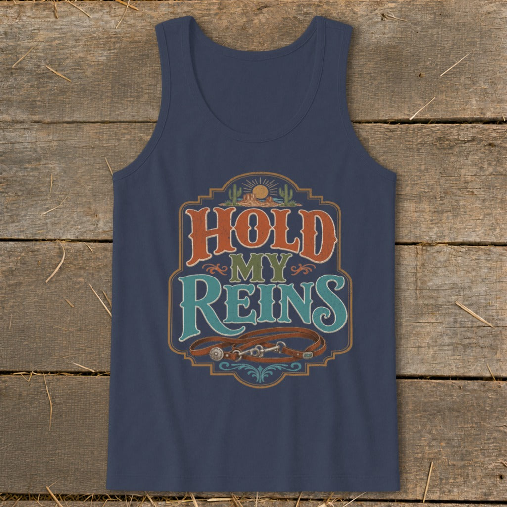 Navy tank top with "Hold My Reins" text and horse tack graphic.