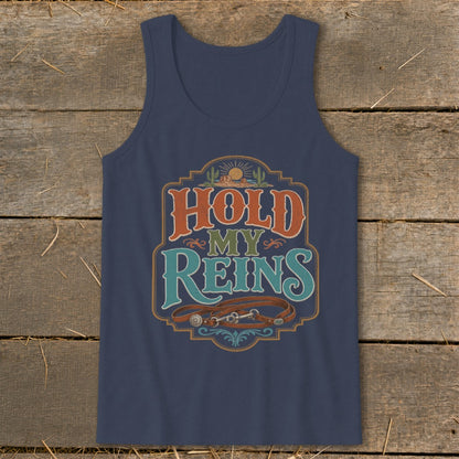Navy tank top with "Hold My Reins" text and horse tack graphic.