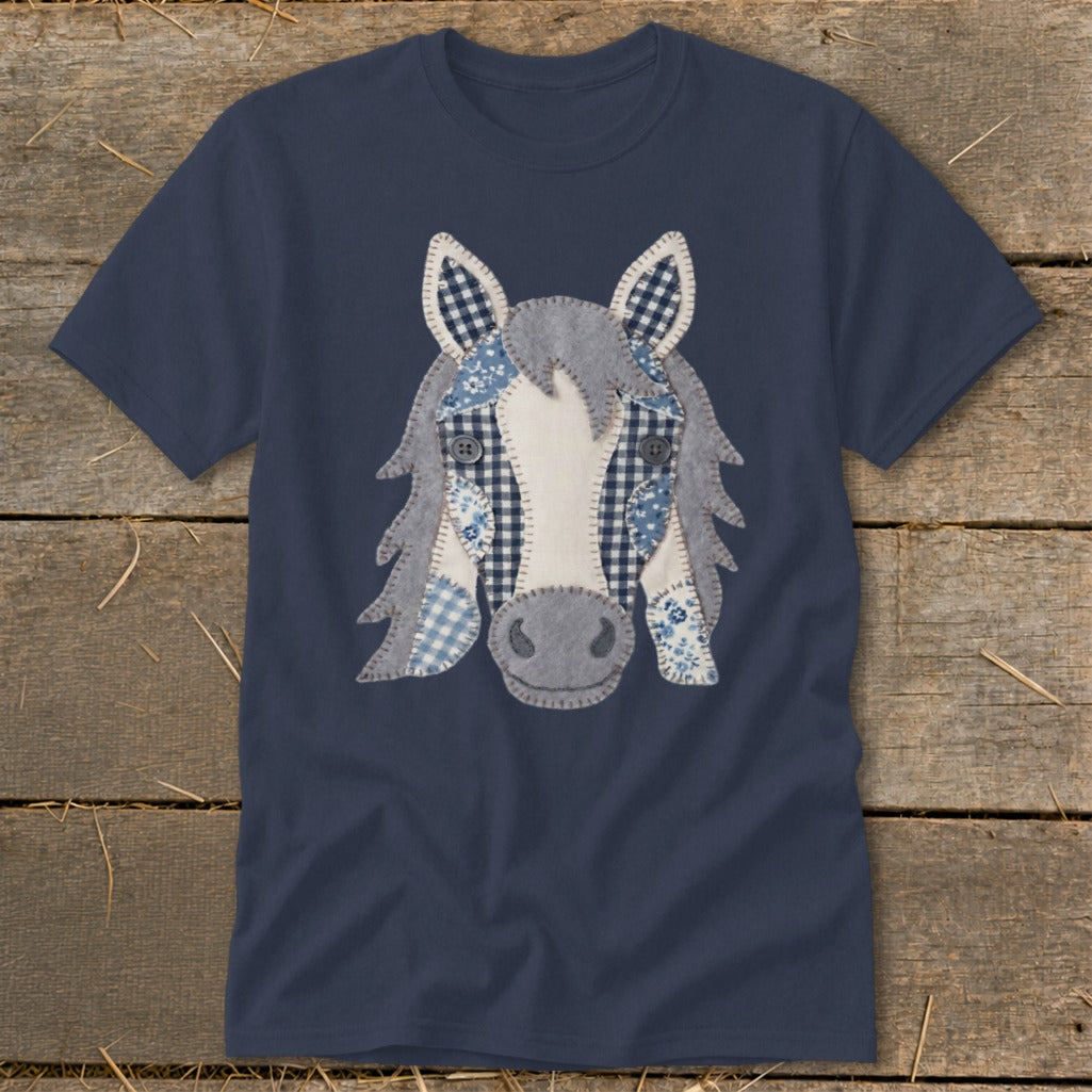 Navy t-shirt with a gray and blue patched horse face applique.
