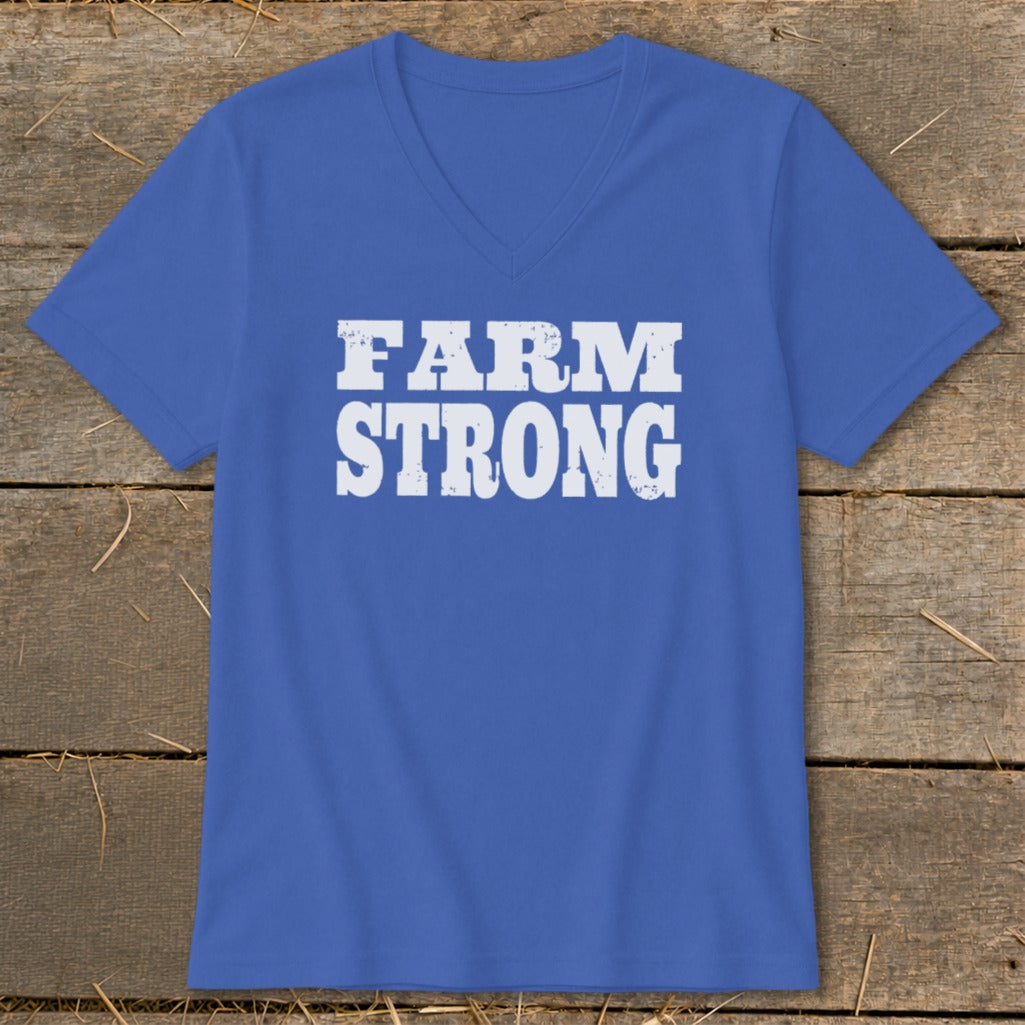 A blue V-neck t-shirt with the words FARM STRONG printed in white on the front.