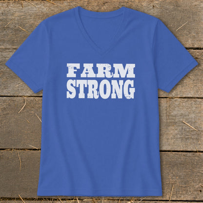 A blue V-neck t-shirt with the words FARM STRONG printed in white on the front.